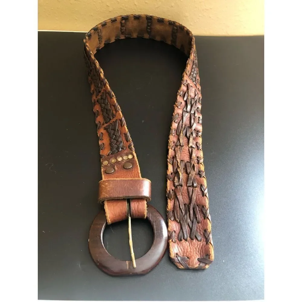 Handmade western Size M Leather Woven Belt Wood Buckle Made in Mexico